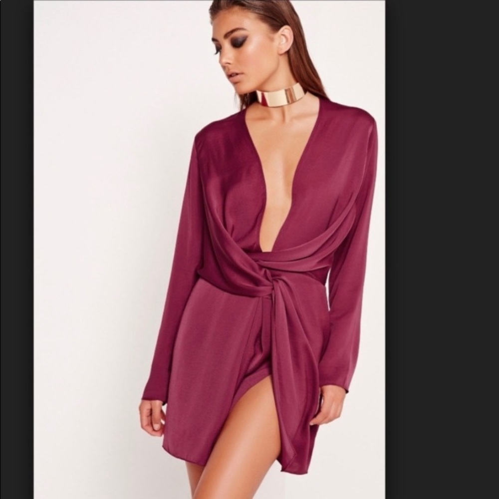 Missguided Burgundy Slit Wrap Holiday Party Dress